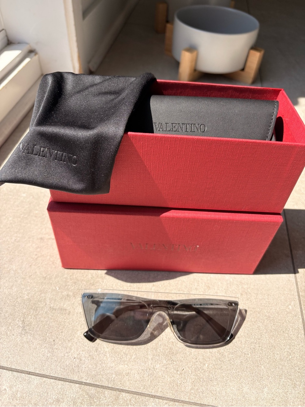 Valentino Clear Frame Sunglasses with Black Lenses and Black Case